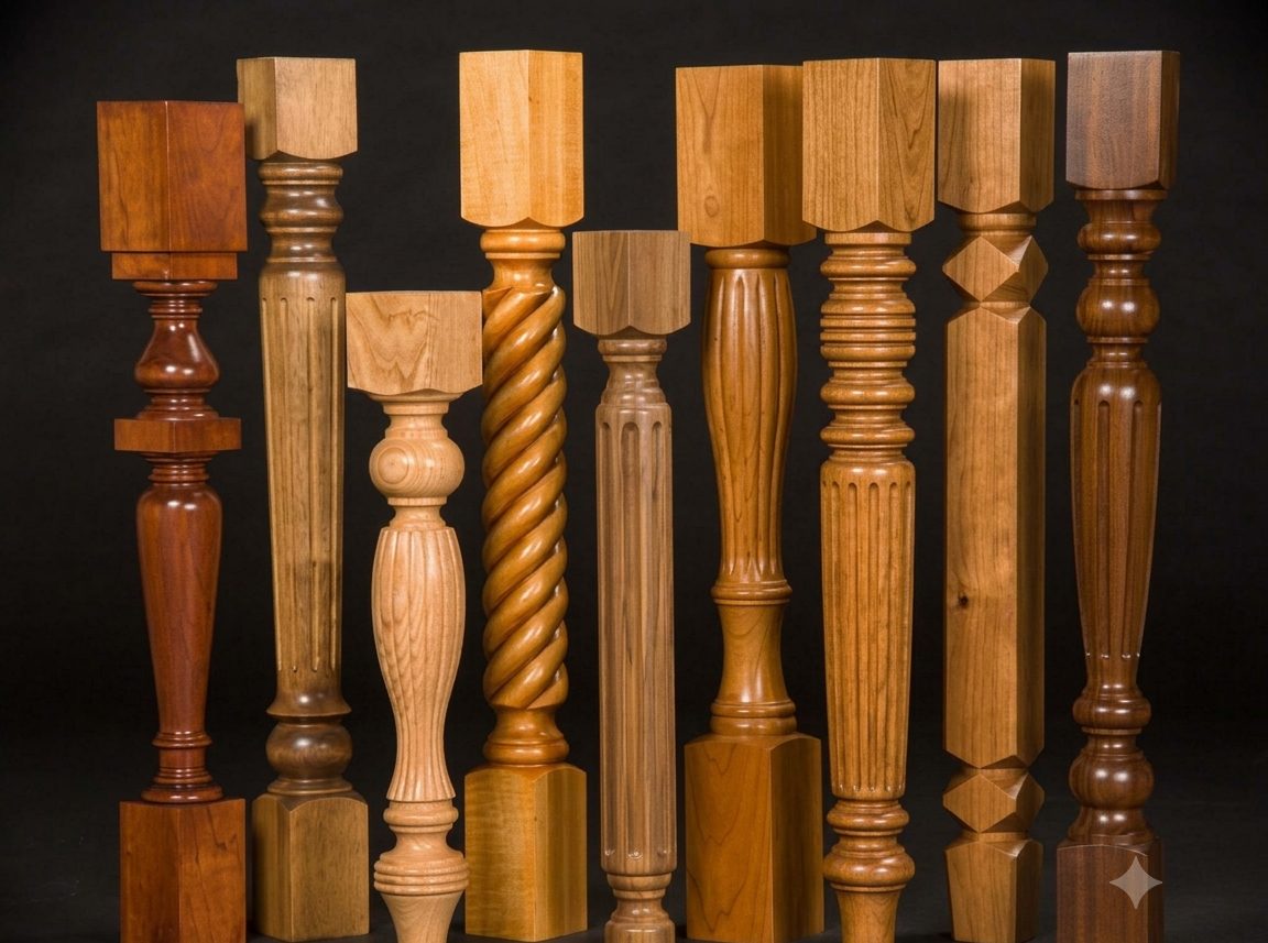 Row of turned table legs: fluted, reeded, twisted and classic profiles